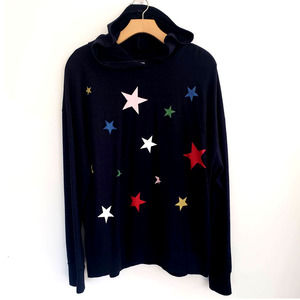 New Sundry Womens 4/XL Star Print Graphic Hoodie Navy Blue Pullover French Terry